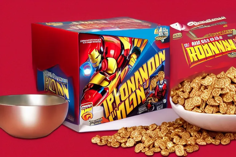 Image similar to mid product still of Ironman cereal with a box and a bowl of glowing reactor core o’s, 4k, red and gold