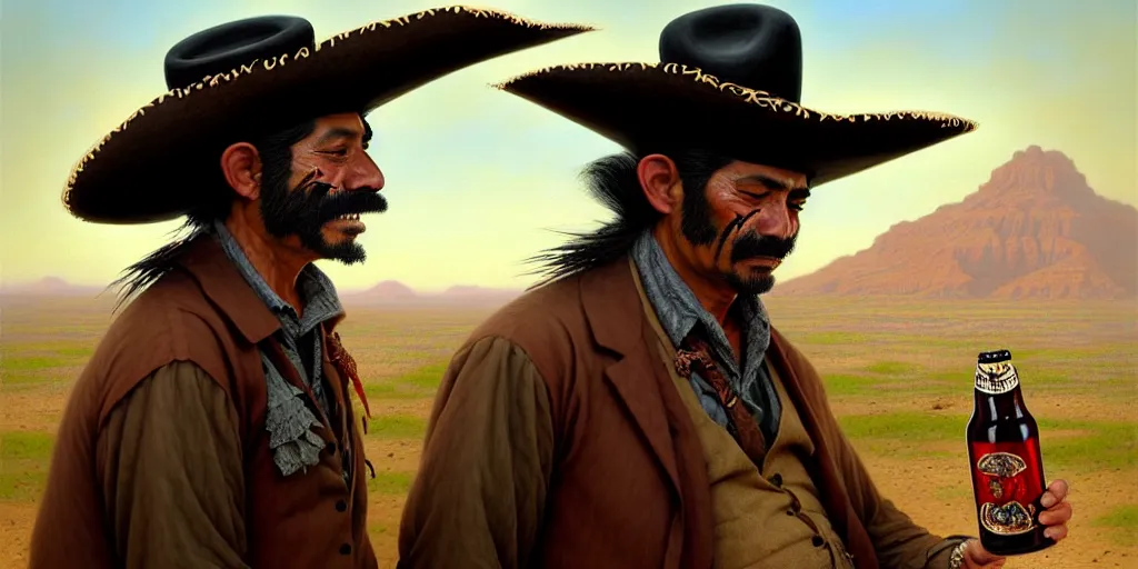 Prompt: illustration of a mexican man, missing one front teeth, with one small, dirt, wild west, with hat drinking a beer on train station, fantasy, intricate, elegant, highly detailed, digital painting, artstation, concept art, matte, sharp focus, art by aenaluck and roberto ferri and greg rutkowski, epic, juan caloto, [