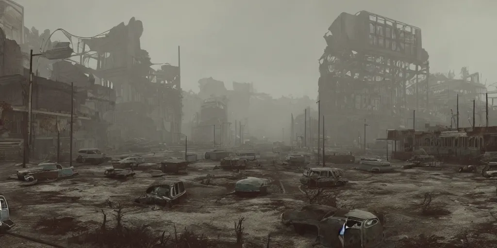 Prompt: wide angle shot of dilapidated fallout 5 city in real life, desolate dilapidated overgrown town, empty streets, nightmarish, some rusted retro futuristic fallout style parked cars and trucks, overcast, blankets of fog pockets, rain, volumetric lighting, beautiful, daytime, spring, sharp focus, ultra detailed, cgsociety