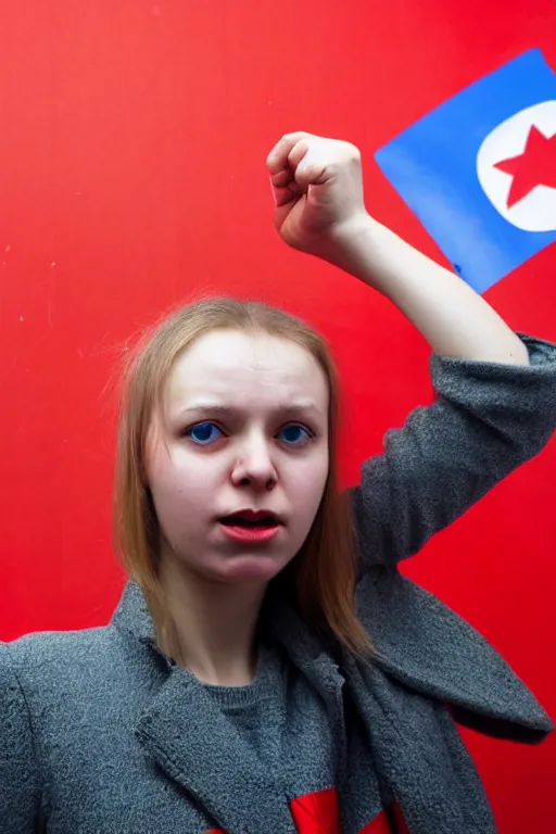 Prompt: a russian communist girl protests the police, red background, poster style