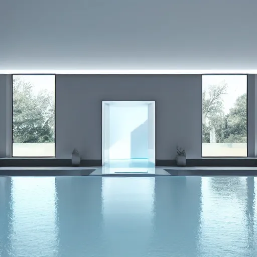 Image similar to white zen clean modern minimalist white room with small pool by peter tarka softly lit well contoured smooth fair walls, up close shot, sharp focus, zen, clean, modern minimalist, zaha hadid octane highly render, 4 k, ultra hd,