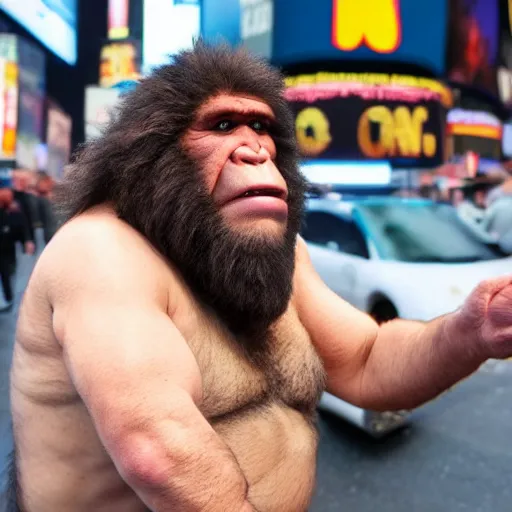 Prompt: a neanderthal caveman confused in times square