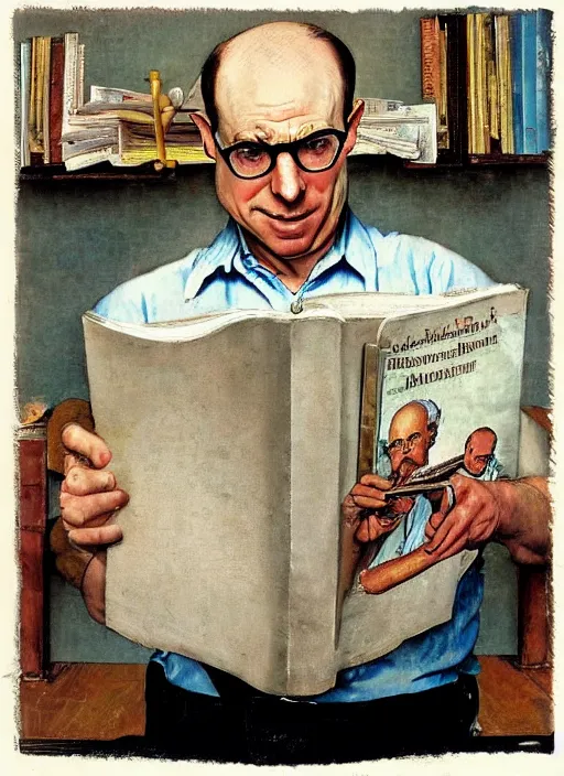 Prompt: a balding white plumber, glasses, norman rockwell painting, reading bible