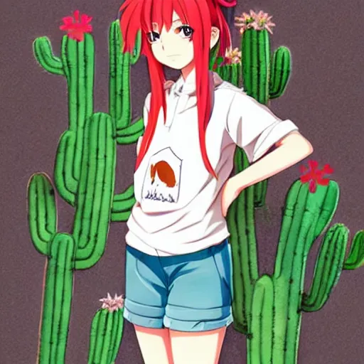 Prompt: A red-haired anime girl with fox ears and an evil grin in an orange jumpsuit holds a cactus artwork of a single character illustration, art by makoto shinkai