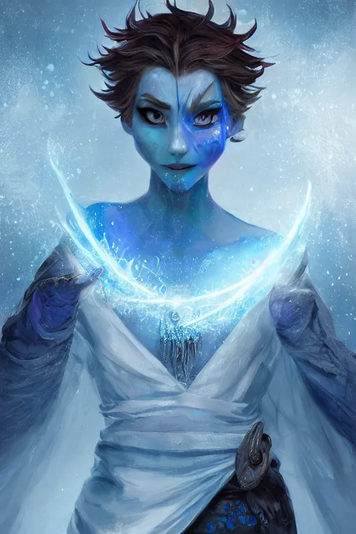 Prompt: frozen jester clown mage wizard, eyes glowing blue, heavenly stars in the background, is at dawn and bluish, fantasy, intricate, elegant, digital painting, highly detailed, artstation, sharp focus, illustration, concept art, ruan jia, steve mccurry