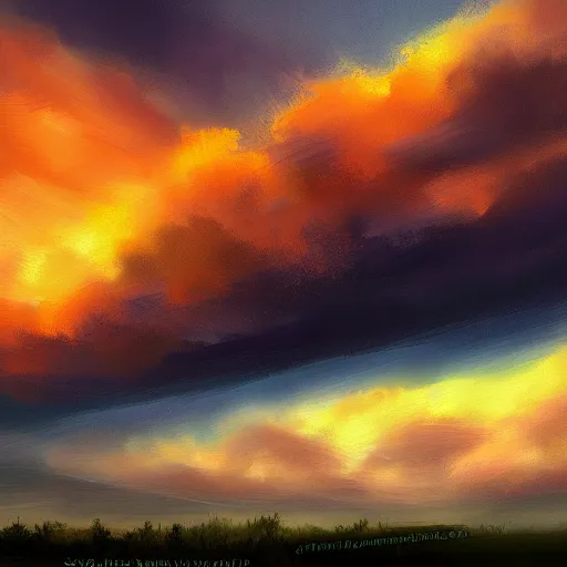 Image similar to a sky at sunset, shot in the sky, loots of clouds, digital painting, trending on artstation, by sarah jane brown