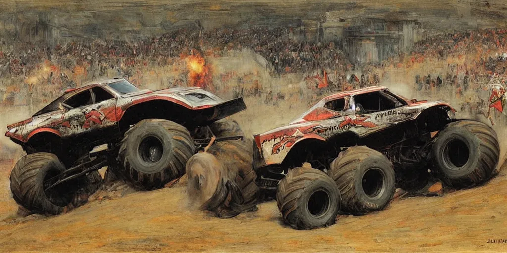 Prompt: monster truck rally, art by John William Waterhouse