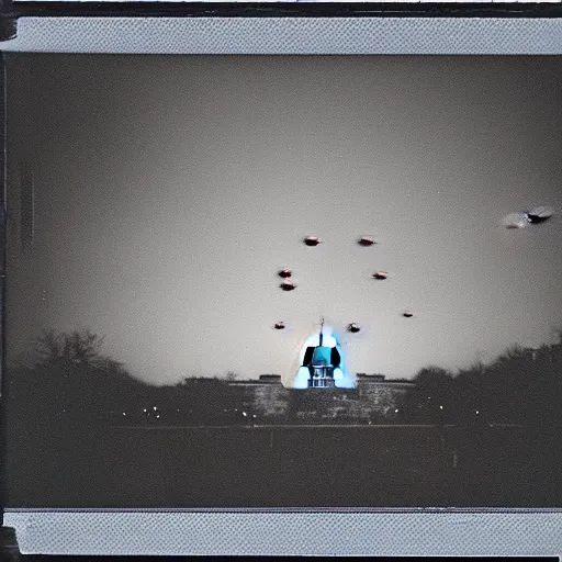 Prompt: analog polaroid photograph of a real alien invasion in Washington D. C., red glare, film grain, high contrast