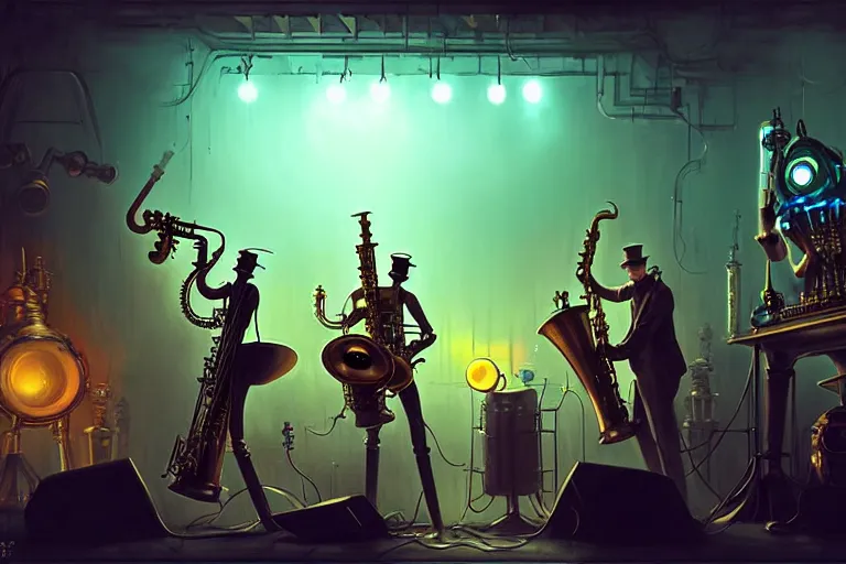 Image similar to 3 steampunk robot jazz musicians playing at a night club, focus on the musicians, cinematic lighting, exaggerated detailed, unreal engine, octane render, trending on artstation, art by greg rutkowski and andreas rocha