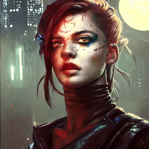 Image similar to closeup portrait of a young cyberpunk razorgirl, dramatic lighting, city background, night, moon, chiaroscuro, high detail, painted by greg rutkowski, painted by igor kieryluk, painted by bobby chiu, painted by geoffroy thoorens, trending on artstation