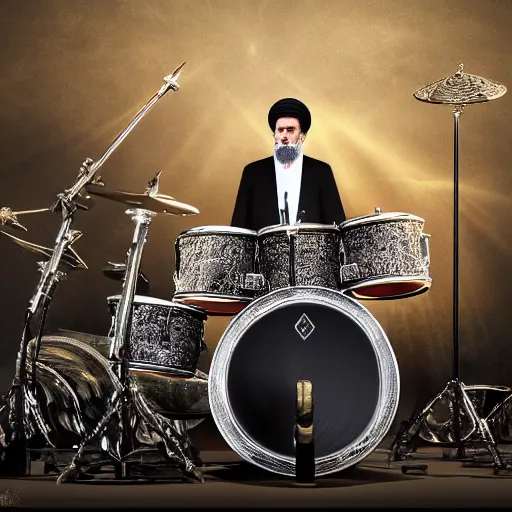 Image similar to khamenei playing drums in heavy metal band in heaven, high definition, trending on artstation, unreal engine, photorealistic, high resolution,, trending on deviantart, hdr, hyper detailed, insane details, intricate, elite, ornate, elegant, luxury, dramatic lighting, 1 0 6 6 3 8 1 0 9 0