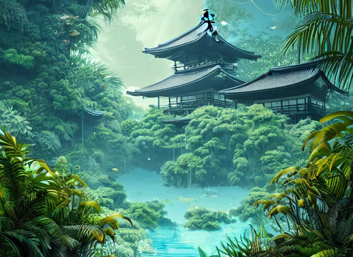 Prompt: overgrown tropical foliage overtaking many tall ornate japanese buildings, underwater environment, borealis, scenery, professional, award - winning, trending on artstation, hyper detailed, realistic, beautiful, emotional, shiny, golden, picture