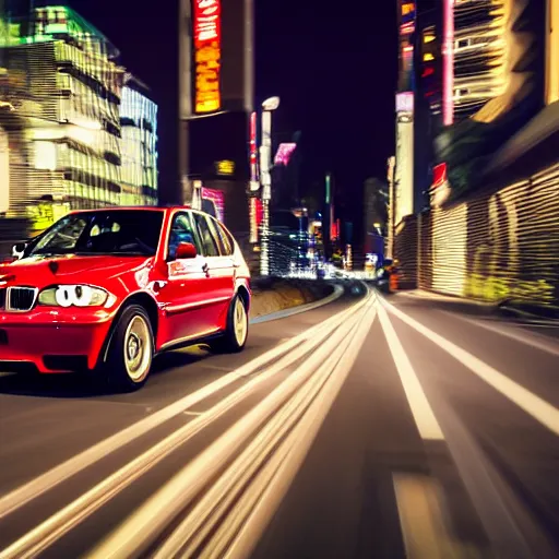 Image similar to photo of a bmw x 5 2 0 0 3 at night driving fast through a city, cinematic, 4 k, long exposure photography, tokyo drift, fast and furious, kodak portra 4 0 0