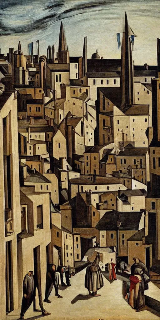 Image similar to a painting of street life in kirkwall, orkney, people,houses, by Giorgio de Chirico