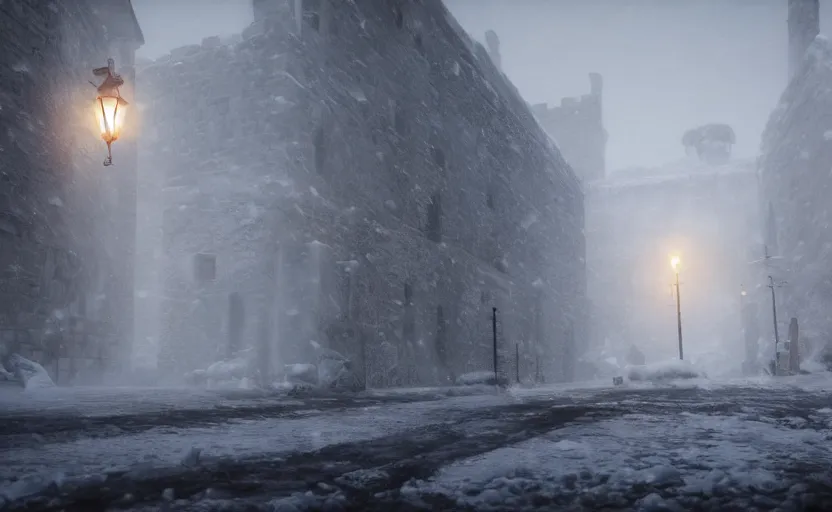 Prompt: the high city wall in the snowstorm, doomy, Unreal Engine, cinematic photography, highly-detailed, games of thrones, HBO, high resolution, 8k, photorealistic, stunning volumetric lighting