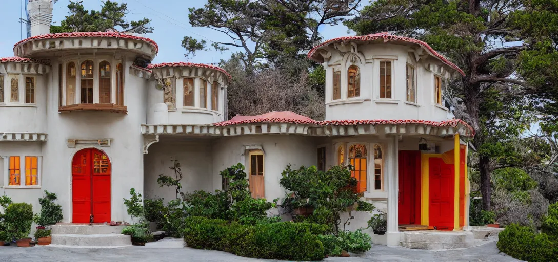 Image similar to exterior of house designed by wes anderson. monterey, ca. 2 0 2 2. 8 k.