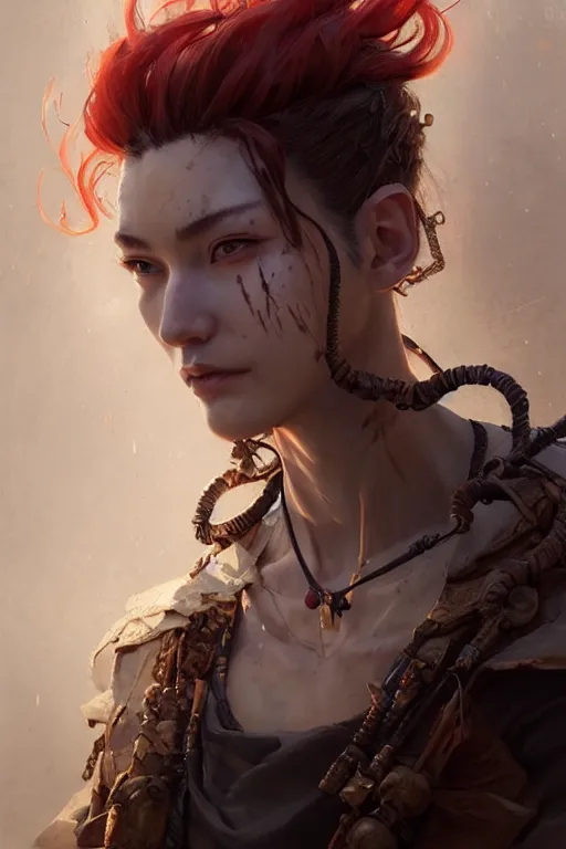 Image similar to A masterpiece portrait of a Incredibly beautiful queer Syberian post apocalyptic shaman girl . medium shot, intricate, elegant, highly detailed. trending on artstation, digital art, by Stanley Artgerm Lau, WLOP, Rossdraws, James Jean, Andrei Riabovitchev, Marc Simonetti, Yoshitaka Amano