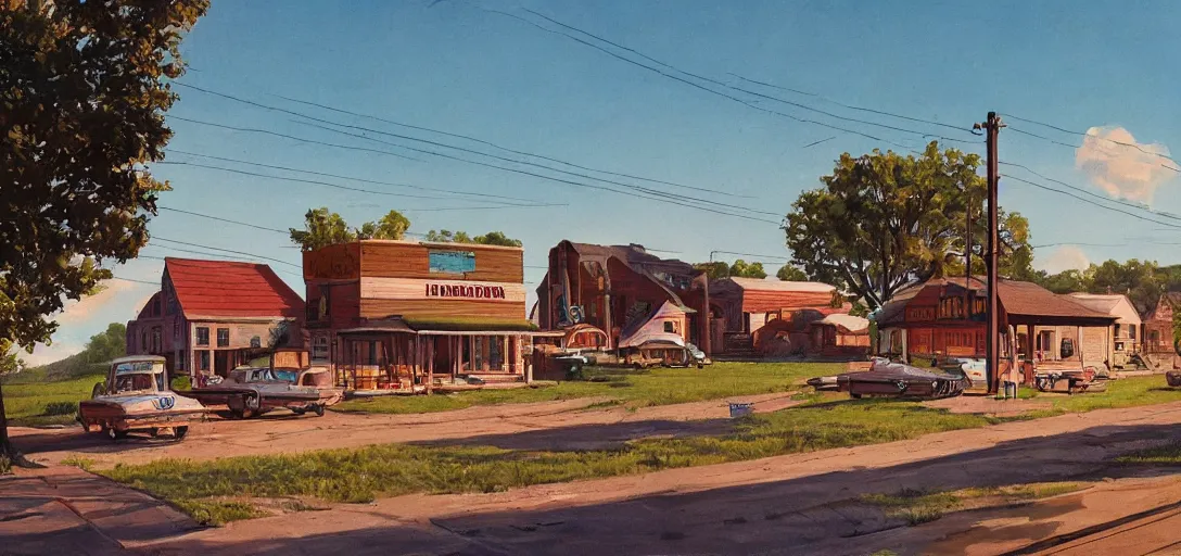 Image similar to concept art of a small rural town in middle America in the 1960s, detailed, Americana, golden hour