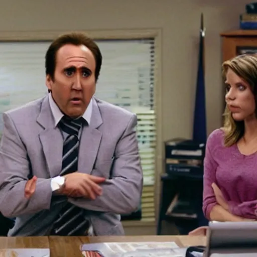 Prompt: a scene from the show the office, but played by nicolas cage only