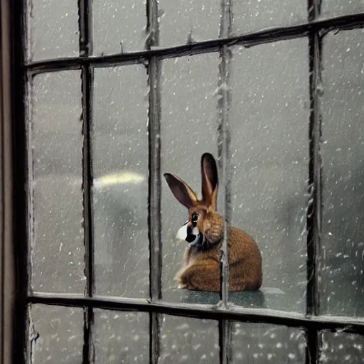 Image similar to a rabbit sits in a window, in paris, it's raining outside, there's raindrops on the window, The eiffel tower is visible out the window, it's evening