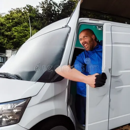 Image similar to stock image of man washing amazon van with microfibre cloth, the van is very clean and you can only see the bonnet and his arm which is cleaning. the lighting is dynamic, stock photo 3 5 mm 8 k photorealistic, close up