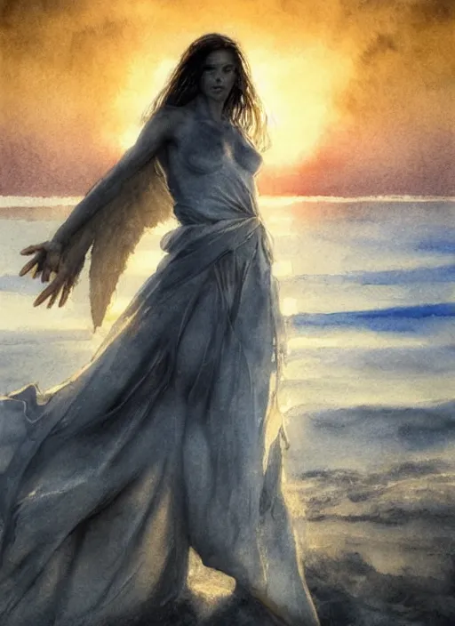 Image similar to portrait, An angel on the beach watching the sun set, watercolor, dramatic lighting, cinematic, establishing shot, extremely high detail, foto realistic, cinematic lighting, pen and ink, intricate line drawings, by Yoshitaka Amano, Ruan Jia, Kentaro Miura, Artgerm, post processed, concept art, artstation, matte painting, style by eddie mendoza, raphael lacoste, alex ross