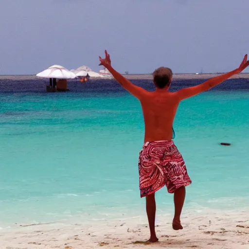 Image similar to artistic representation of a happy man dancing alone in aruba on the beach