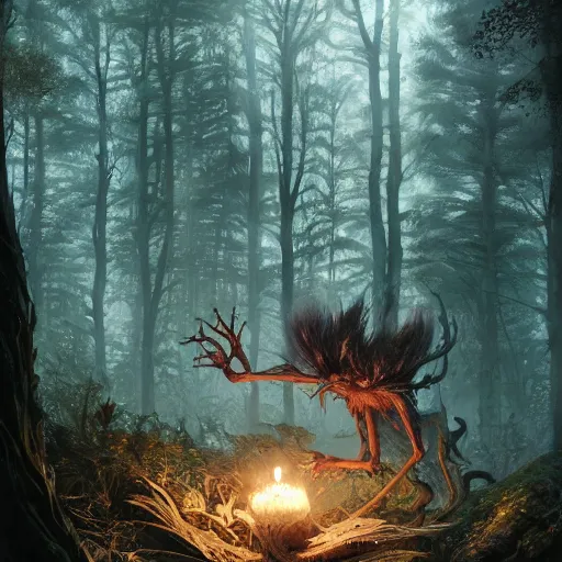 Image similar to highly detailed creepy forest humanoide creature in robes, stephen bliss, unreal engine, fantasy art by greg rutkowski, loish, rhads, ferdinand knab, makoto shinkai and lois van baarle, ilya kuvshinov, rossdraws, tom bagshaw, global illumination, radiant light, detailed and intricate environment