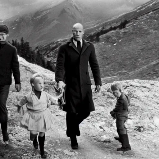 Image similar to jason statham walking on the mountainside with children in the sound of music 1 9 6 5