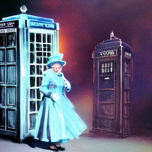 Image similar to Concept art of Queen Elizabeth II stepping out of the tardis, mysterious, ultrarealistic, cinematic lighting, 4k, wide angle, Bruce Pennington