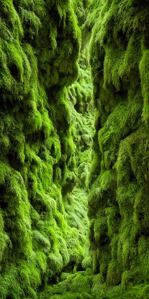 Image similar to dream looking through, a hyper realistic photograph fertile, lush mossy ferns canyon, ferns, minimalist structure, misty, raining, icelandic valley, in the style of reuben wu, roger deakins