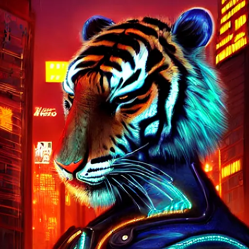 Image similar to a beautfiul award winning commission portrait of an anthro tiger in the neon cyberpunk city at night,wearing a leather jacket,glow effect,detailed face,photorealistic,character design by charles bowater,ross tran,deviantart,artstation,digital art,hyperdetailed,realistoc,western comic style,vfx,dramatic