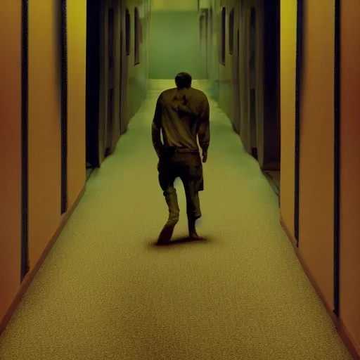 Image similar to the creature from It Follows in a Liminal space, the backrooms, office/thrift store/social hall, carpet, abandoned, poor fluorescent lighting, yellow tint, security camera footage, low resolution