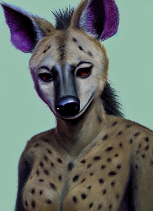 Image similar to oil painting detailed full body of anthromorphic female hyena, in style of zootopia, zootopia, zootopia, fursona, furry, furaffinity, 4 k, deviantart, furry art, fursona art, wearing black business suit, in style of zootopia, hyena fursona, cyberpunk, female, expressive, detailed feminine face,