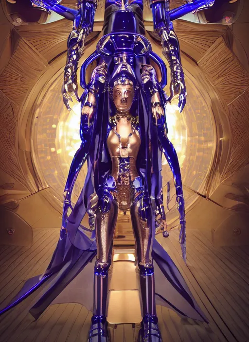 Image similar to Robotic Evil Priestess posing in front of the stars by Hajime Sorayama, octane render, ultra detailed, 4k, syd mead, moebius, alphonse mucha, dramatic lighting