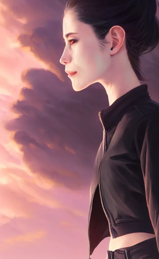 Image similar to black ponytail hair, pale woman in a black unzipped jacket, black shorts, by artgerm, beautiful render, matte painting, realistic, dynamic angle, wlop, loish, octane render, sharp focus, by greg rutkowski makoto shinkai