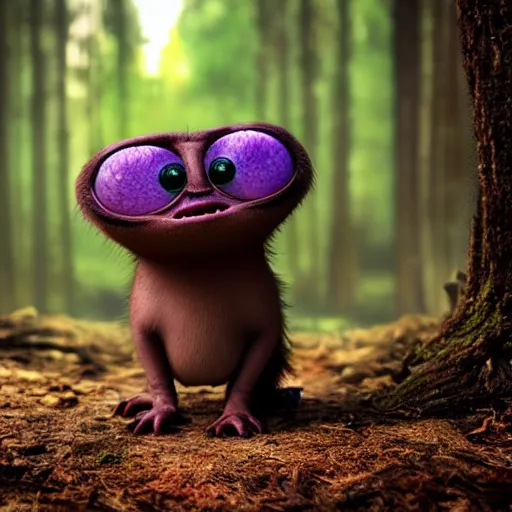 Prompt: a cute little monster with big eyes, portrait, pixar style, forest background, cinematic lighting, award winning creature portrait photography