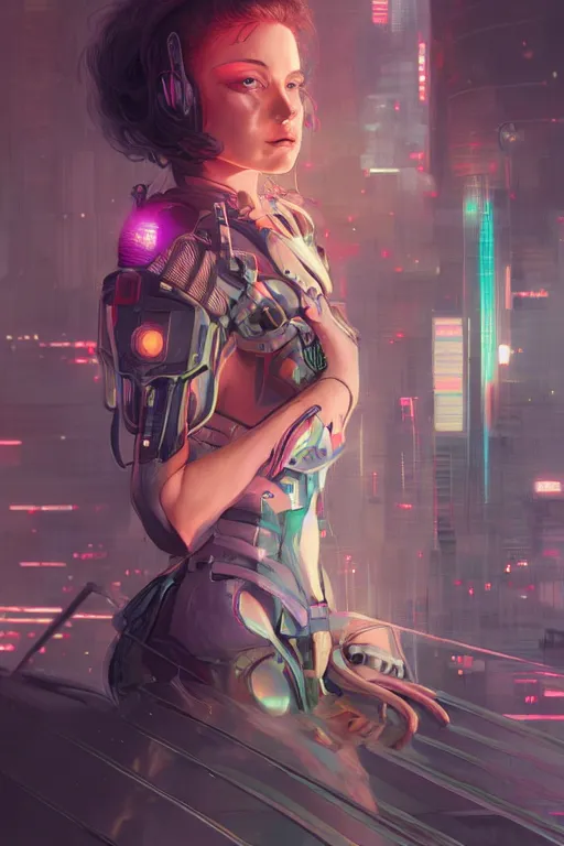 Image similar to portrait futuristic Cyber warrior Girl, in future cyberpunk tokyo rooftop , ssci-fi, fantasy, intricate, very very beautiful, elegant, neon light, highly detailed, digital painting, artstation, concept art, smooth, sharp focus, illustration, art by WLOP and tian zi and alphonse mucha