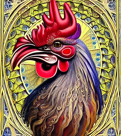 Prompt: hyperrealistic detailed face portrait of a beautiful rooster morphing into a gothic cathedral, authentic ornamental architecture, intricate and highly detailed, awe inspiring art by ernst haeckel, h. r. giger, alphonso mucha, android jones, james jean, gothic, neo - gothic, heavily ornamental, nice deep colours,