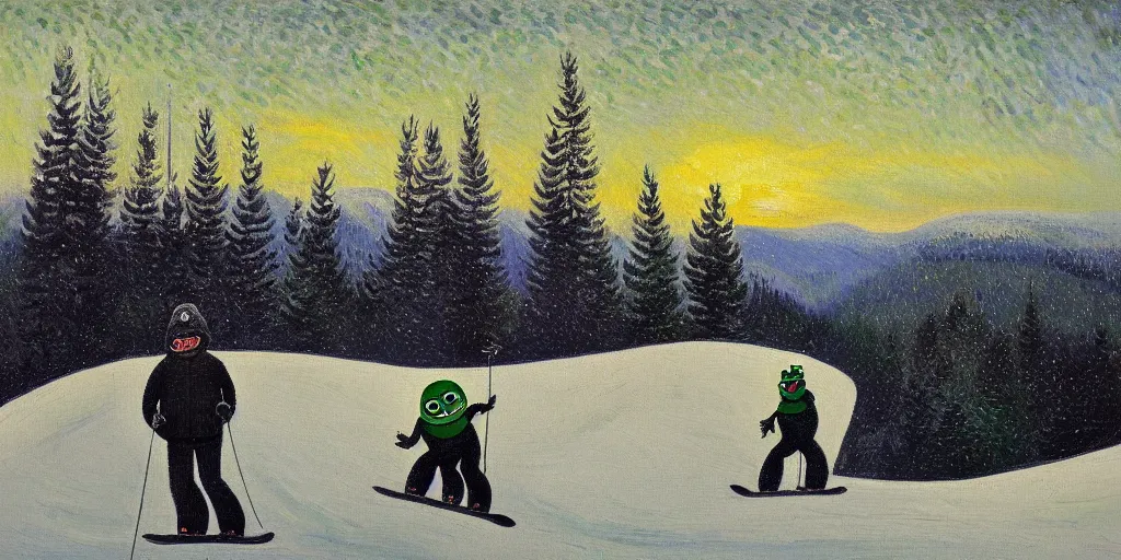 Image similar to pepe the frog snowboarding, gloomy landscape, expressive oil painting by christopher radlund and camille pissaro