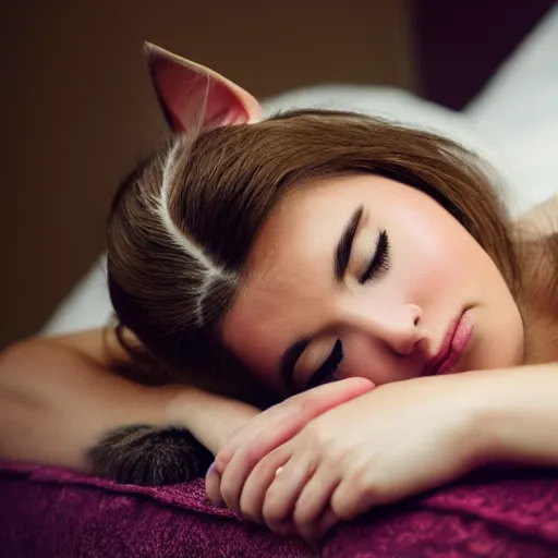 Image similar to a beautiful girl rests on a bed holding a cat, 5 0 mm lens, f 1. 4, sharp focus, ethereal, emotionally evoking, head in focus, volumetric lighting, blur dreamy outdoor,