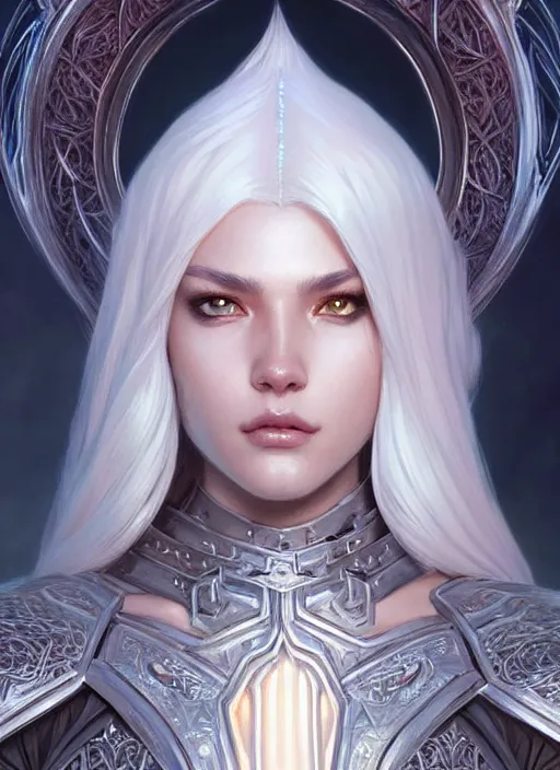 Image similar to light opal armor!!! long wild white hair!! covered chest!!! fantasy, d & d, intricate ornate details, digital painting, pretty face!!, symmetry, concept art, sharp focus, illustration, art by artgerm! greg rutkowski magali villeneuve wlop! ilya kuvshinov!!, octane render