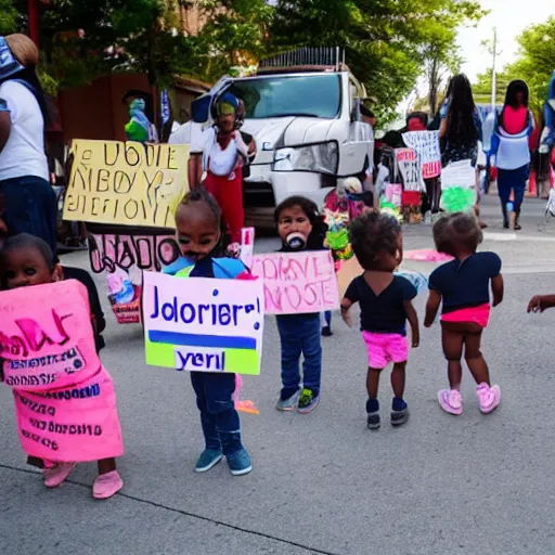 Image similar to babies protesting in front of a daycare center