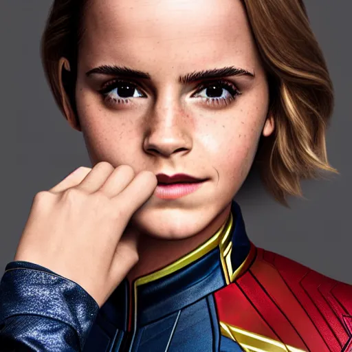 Image similar to Emma Watson modeling as Captain Marvel, (EOS 5DS R, ISO100, f/8, 1/125, 84mm, postprocessed, crisp face, facial features)