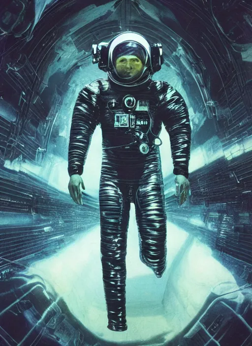 Image similar to astronaut in dark void underwater - complex and hyperdetailed technical suit design. reflection and dispersion materials. rays and dispersion of light. volumetric light. f / 3 2. noise film photo. flash photography. ultra realistic, 5 0 mm. poster by wayne barlowe, hajime sorayama aaron horkey, craig mullins