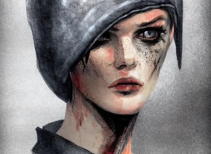 Image similar to rugged, beautiful pale woman by enki bilal,, punk outfit : : urban setting, close - up view : : cinematic headshot