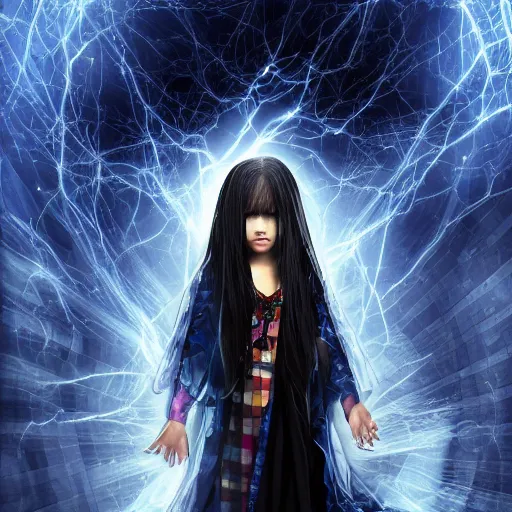 Prompt: mysterious girl child with her long black hair dressed in a chequered robe, chequered cape, carrying blue very big magical crystal, storm inside a fantasy crystal, epic scene, atmospheric, surrounded by magical light, digital art, hd, 4 k, hyper detailed