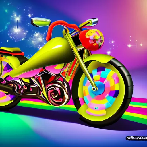 Image similar to motorcycle made out of candy, global illumination, photorealistic, in style of candyland poster