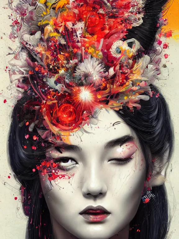 Prompt: art portrait of geisha with flower exploding out of head,by tristan eaton,Stanley Artgermm,Tom Bagshaw,Greg Rutkowski,Carne Griffiths,trending on DeviantArt,face enhance,chillwave,minimalist,cybernetic, android, blade runner,full of colour,