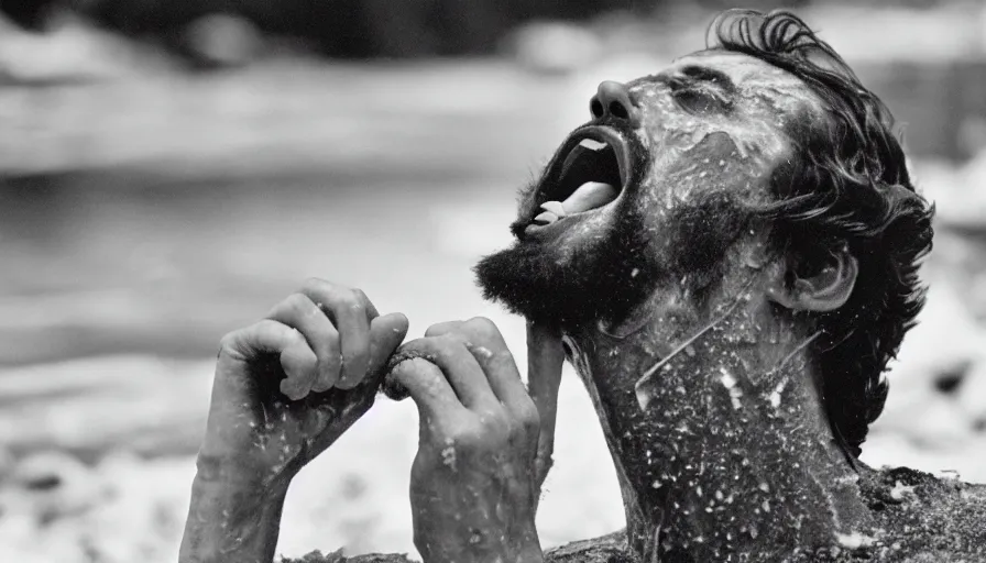 Prompt: 1 9 6 0 s movie still close up of skinny marcus aurelius screaming frozen to death in a river with gravel, pine forests, cinestill 8 0 0 t 3 5 mm b & w, high quality, heavy grain, high detail, texture, dramatic light, anamorphic, hyperrealistic, foggy